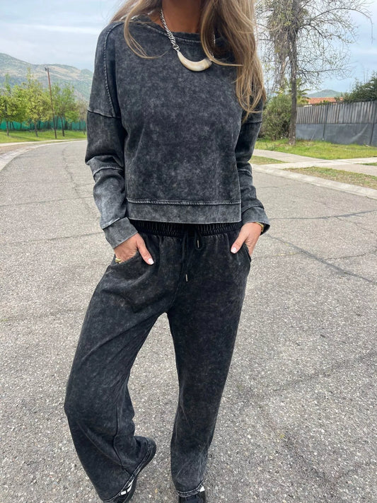 Full Size Washed Round Neck Top and Drawstring Pants Set Plus Size