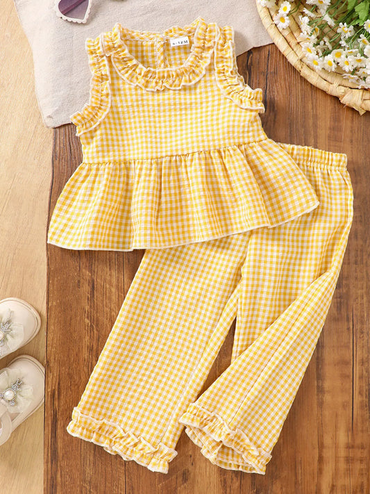 Children's Gingham Ruffle Trim Sleeveless Top & Pants Set
