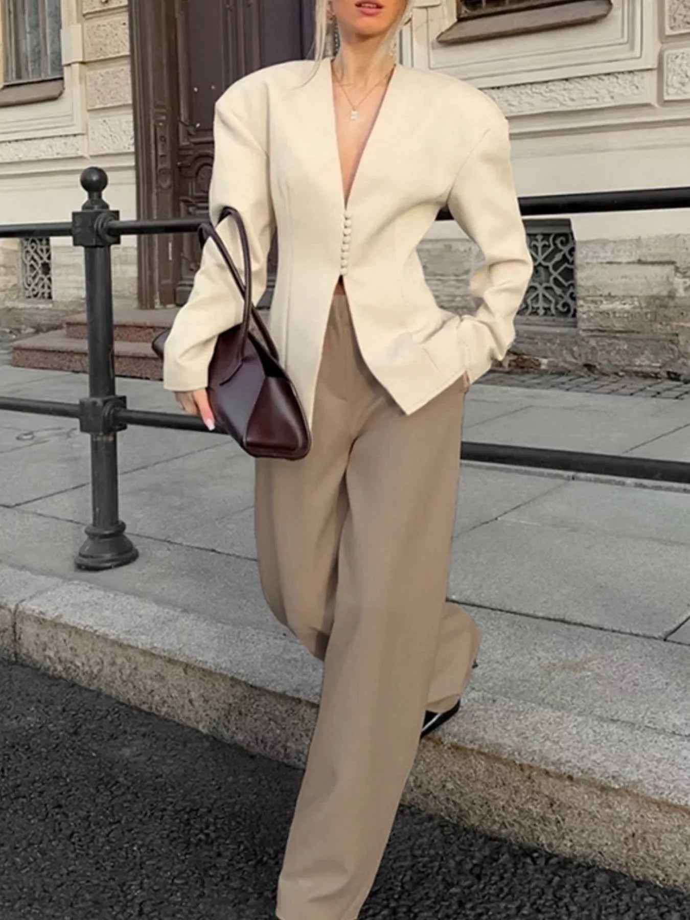 V-Neck Button-Up Blazer with Structured Shoulders
