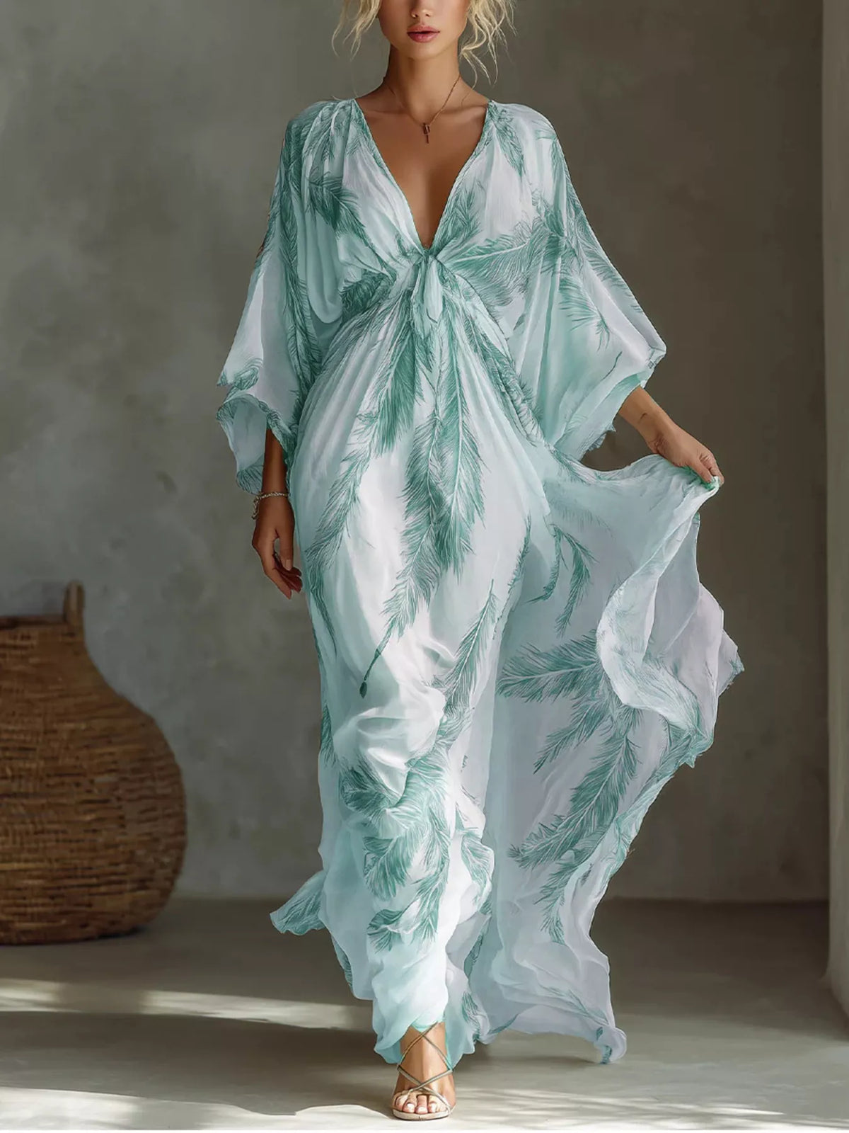 Full Size Feather Print V-Neck Flowy Maxi Dress Plus Size