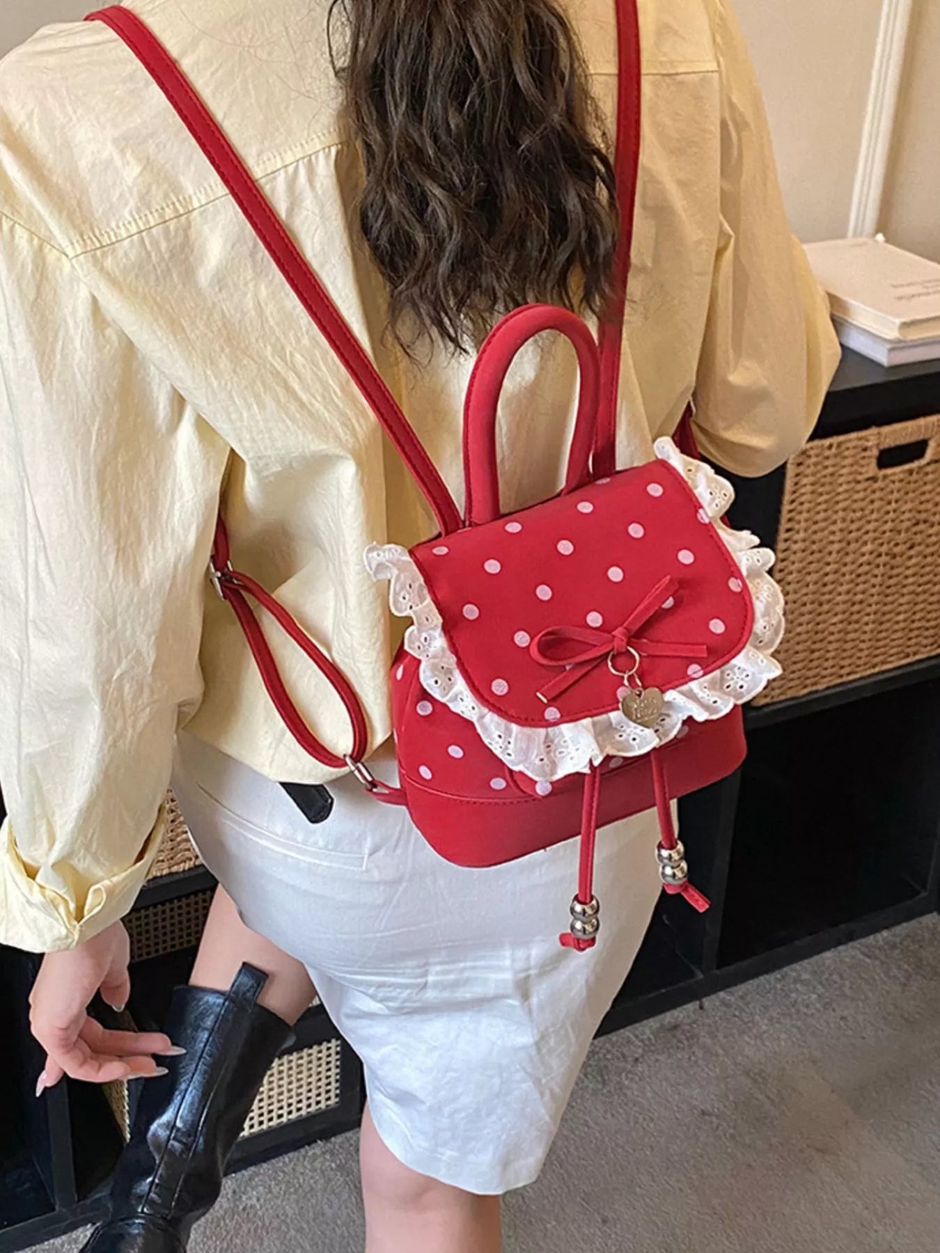 Polka Dot Lace Trim Backpack Bag