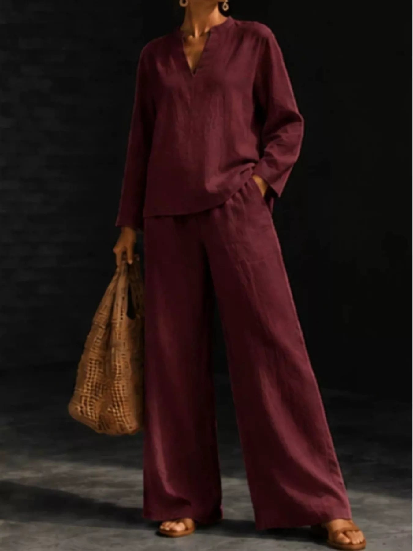 Notched Long Sleeve Top and Pants Set