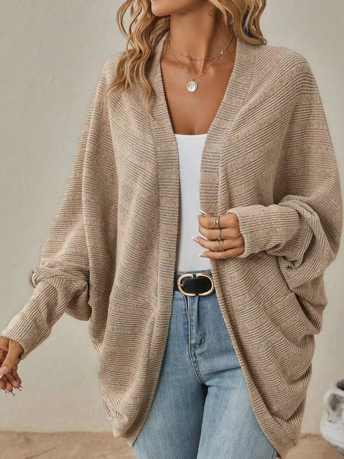 Casual Open Front Batwing Sleeve Ribbed Knit Cardigan