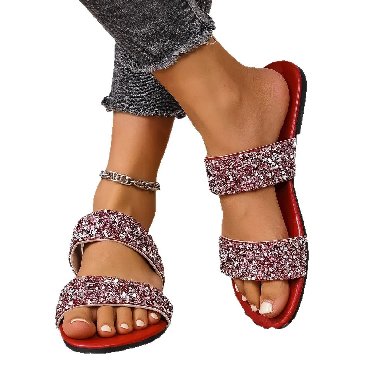 Sequin Open Toe Flats Sandals