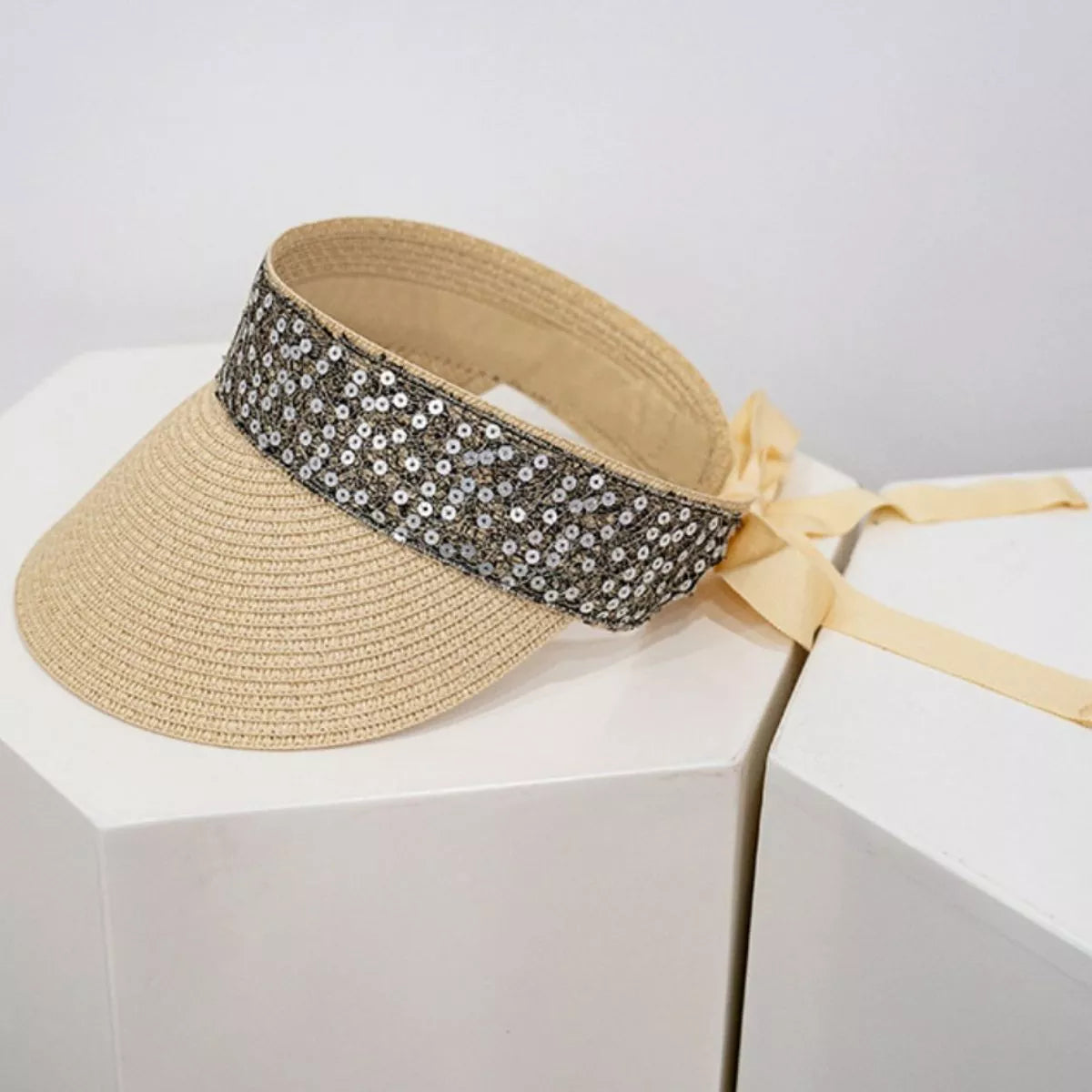 Sequined Visor Sun Hat with Ribbon Tie