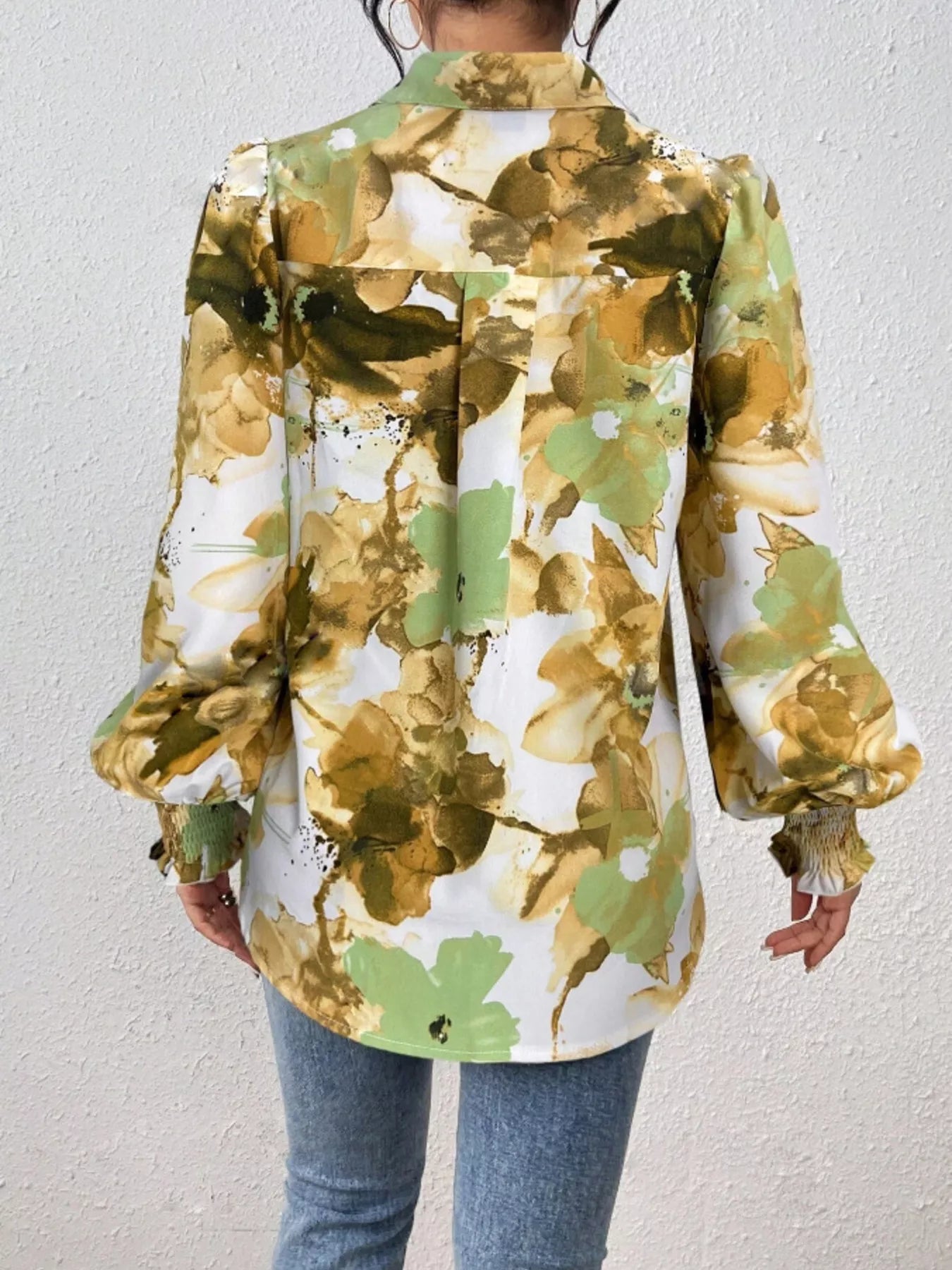 Printed Button Up Lantern Sleeve Shirt