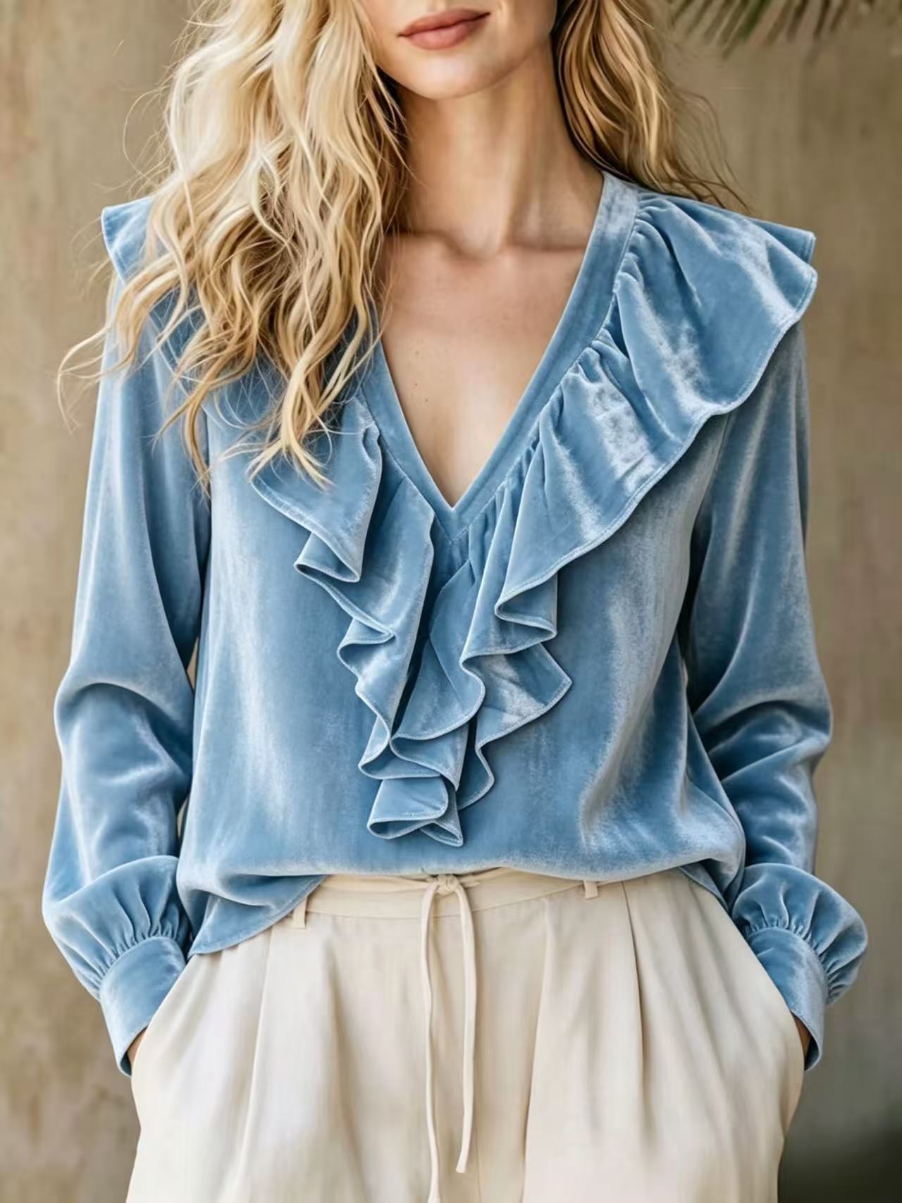 Velvet Ruffle V-Neck Blouse