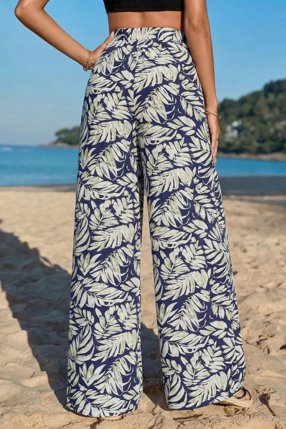 Leaf Print Wide Leg Pants