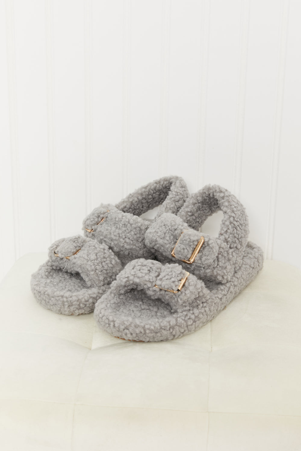 Qupid Cozy Atmosphere Faux Fur Buckled Sandals in Grey