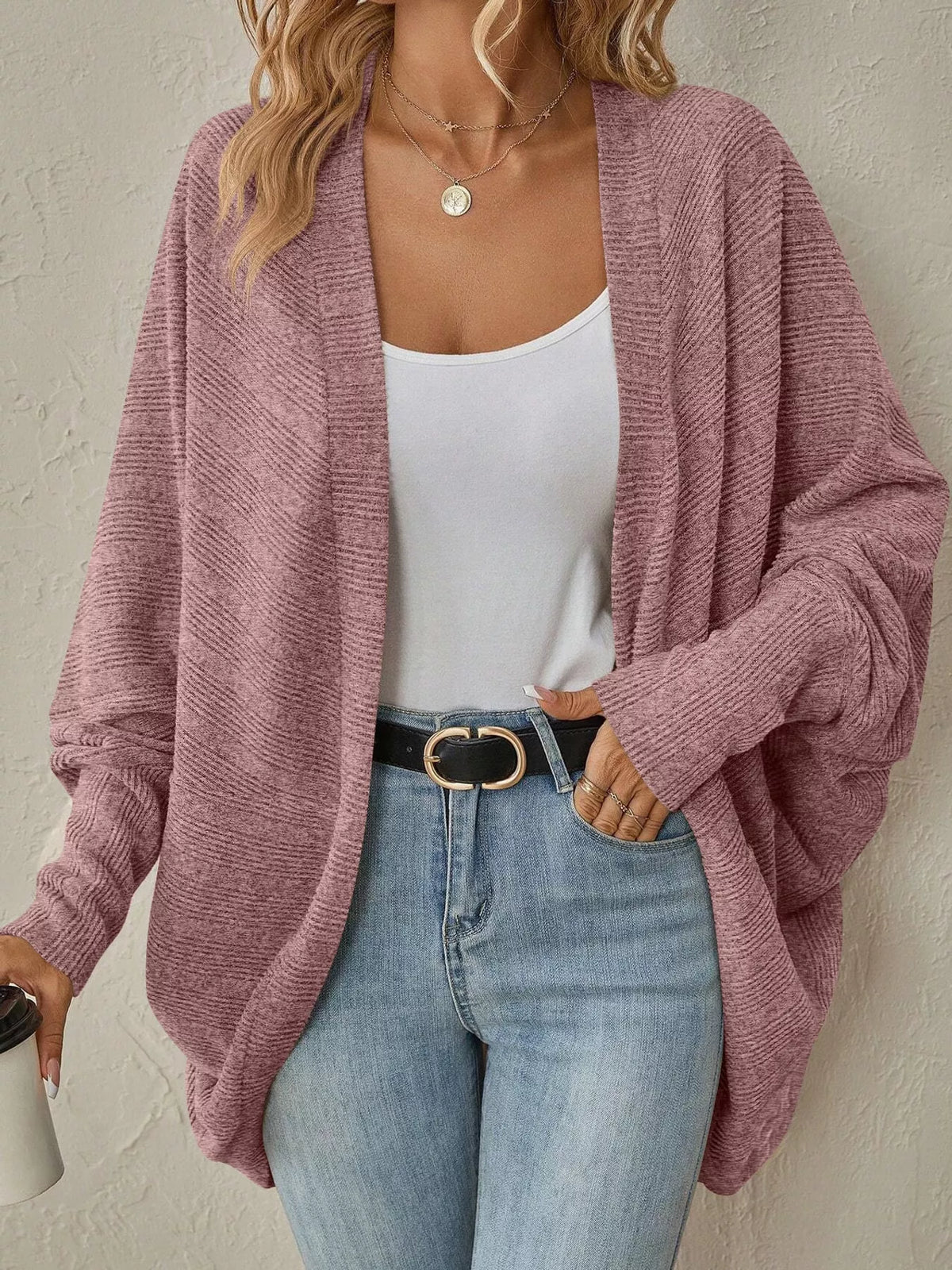 Casual Open Front Batwing Sleeve Ribbed Knit Cardigan