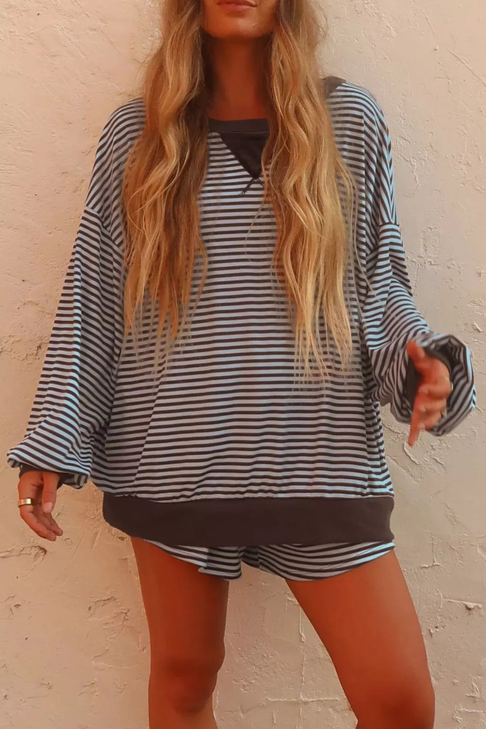 Stripe Oversized Long Sleeve Top Drawstring Loose Shorts 2pcs Set