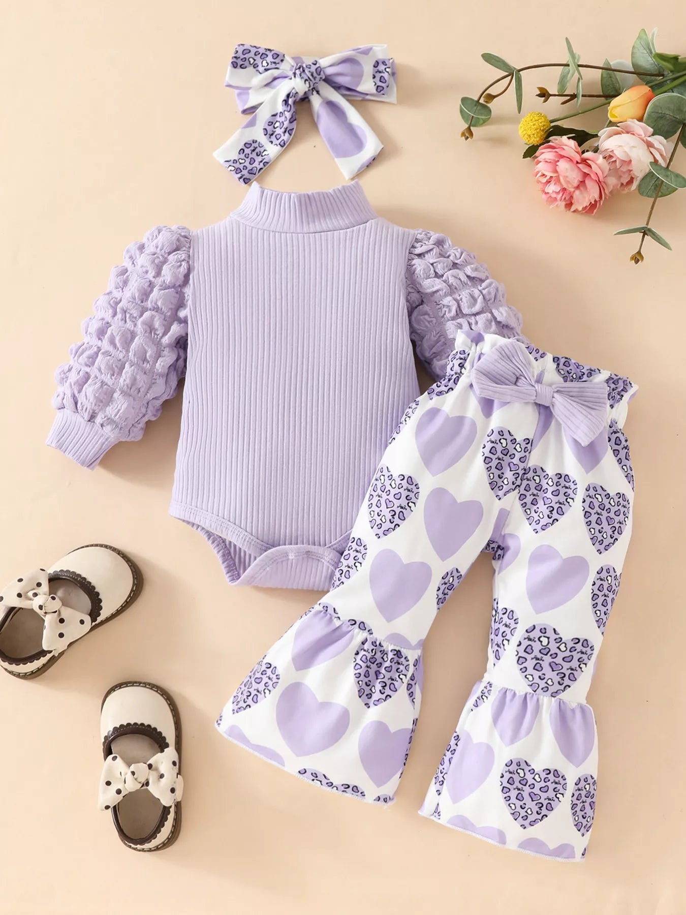 Children's Bubble Texture Long Sleeve Top and Pants Set with Headband