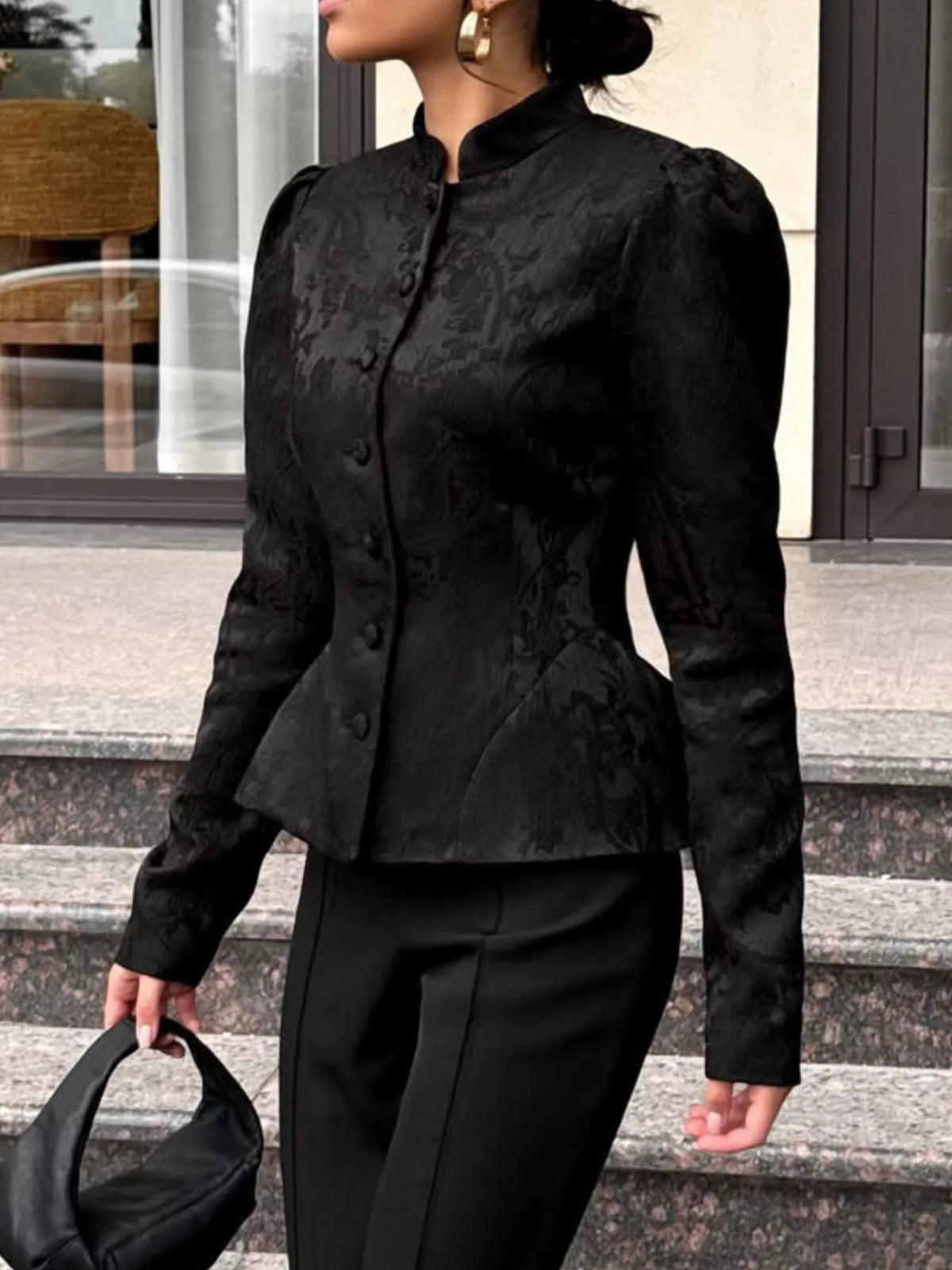 Jacquard Peplum Puff Sleeve Outerwear