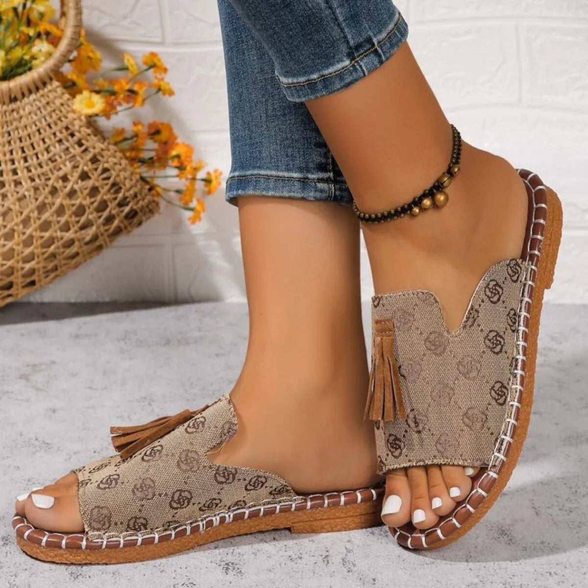 Leopard Print Tassel Flat Sandals