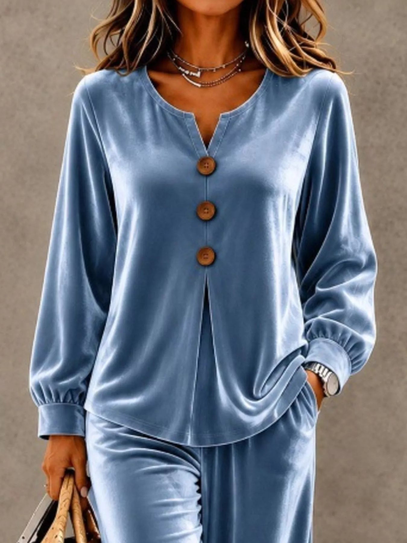 Elegant Velvet Decor-Button Top and Pants Set
