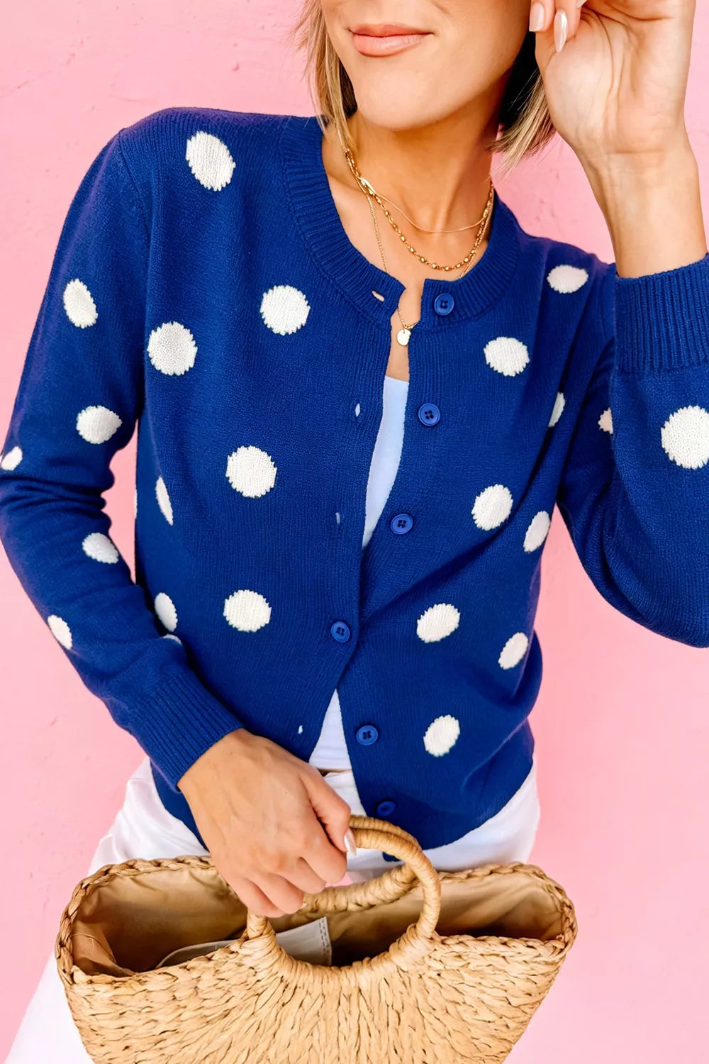 Casual Polka Dot Button Front Long Sleeve Sweater Cardigan