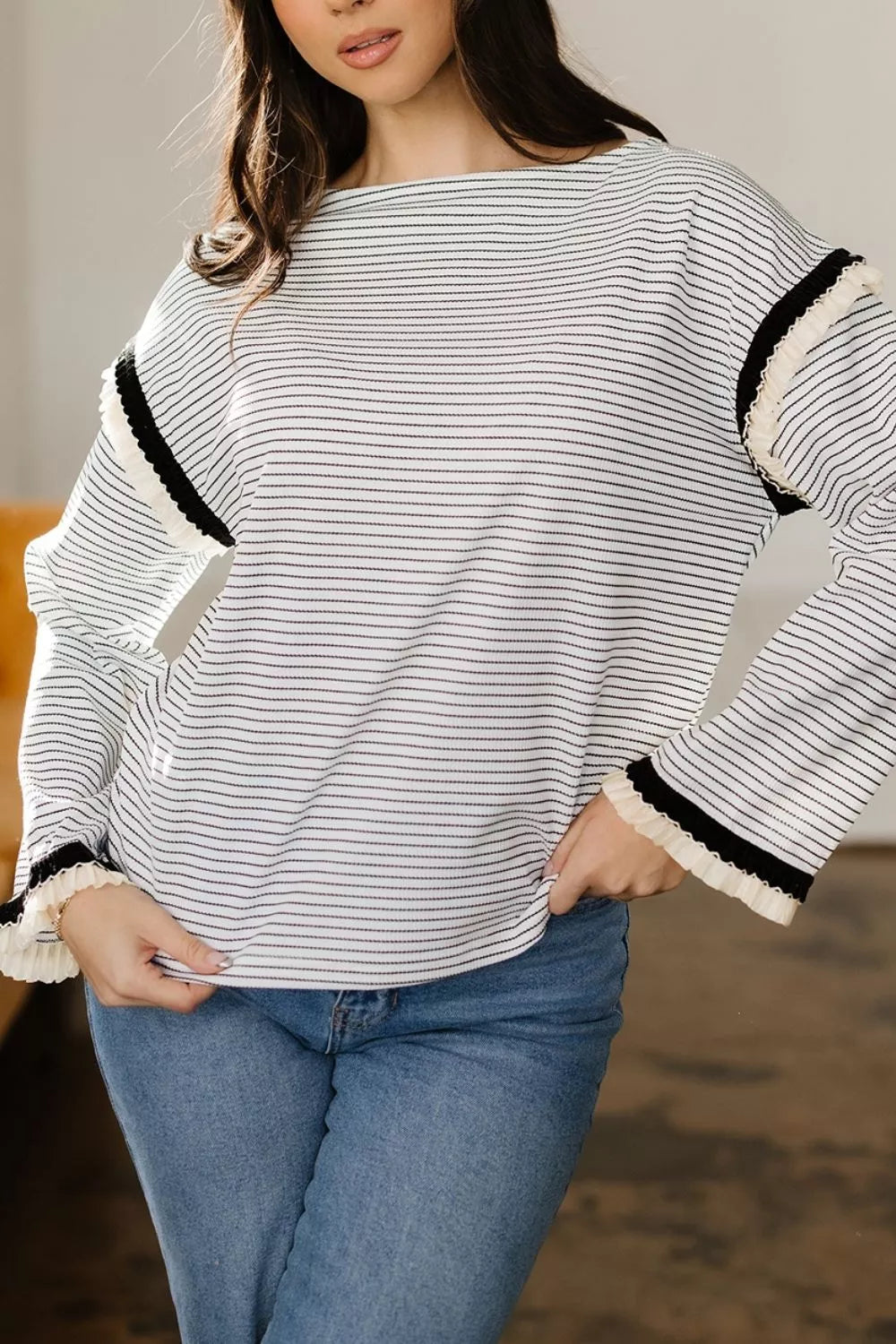 Stripe Contrasted Ruffle Trim Loose Long Sleeve Top