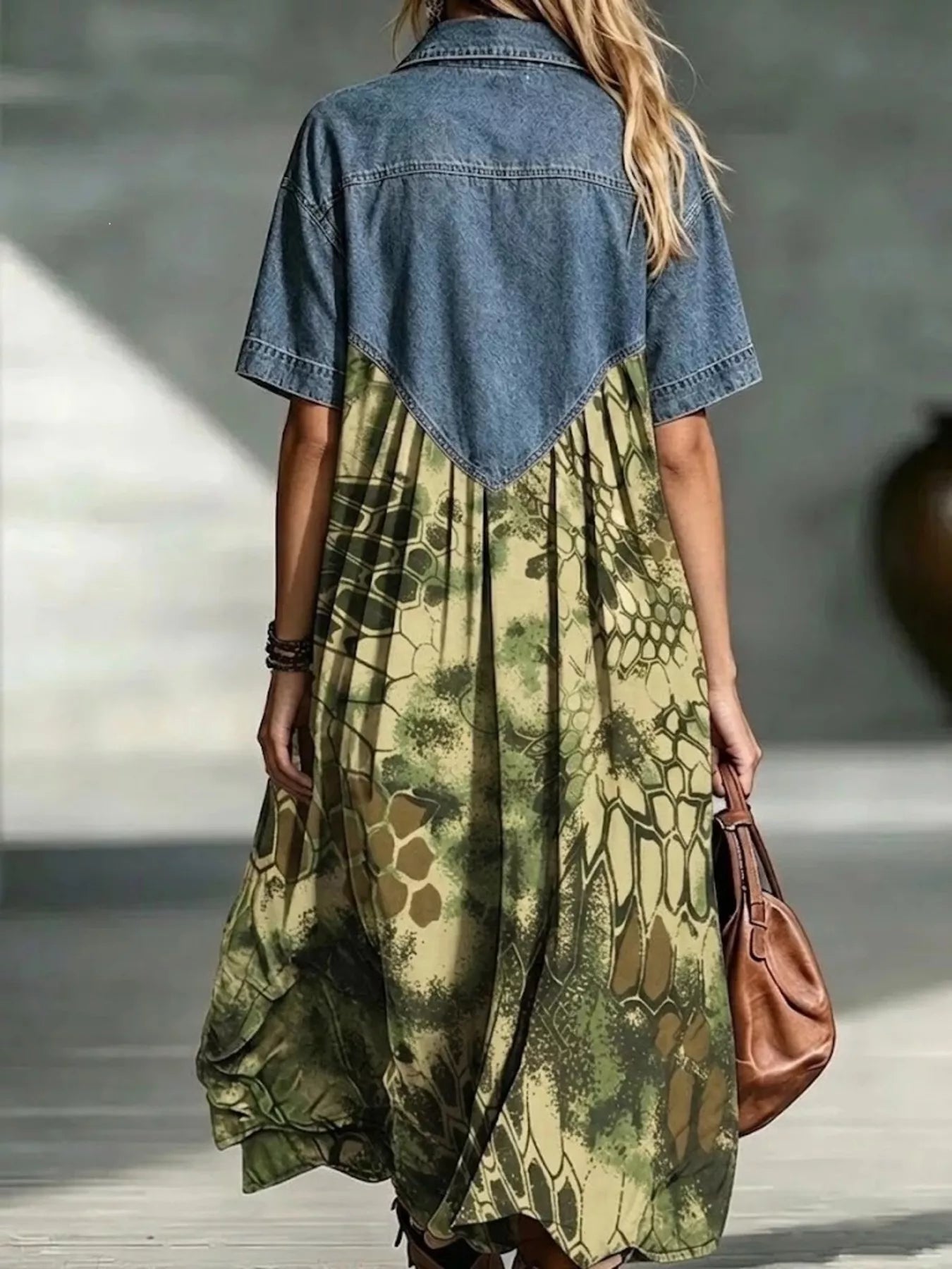Full Size Denim Patchwork Printed Shirt Dress Plus Size