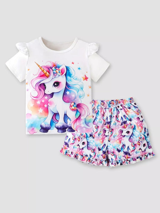Children's Unicorn Print Ruffle Sleeve Top and Shorts Set