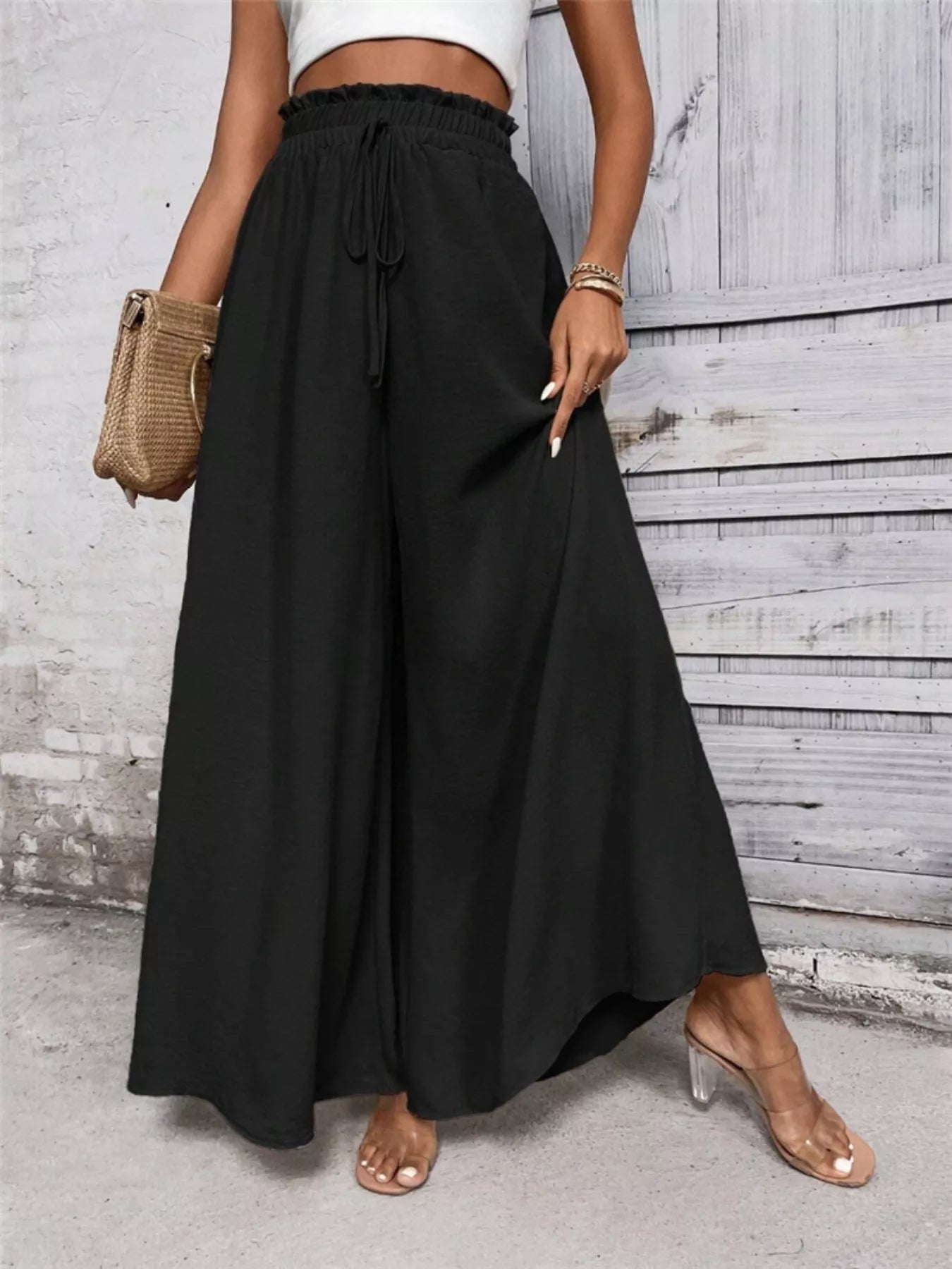 Wide Leg Drawstring Waist Casual Pants
