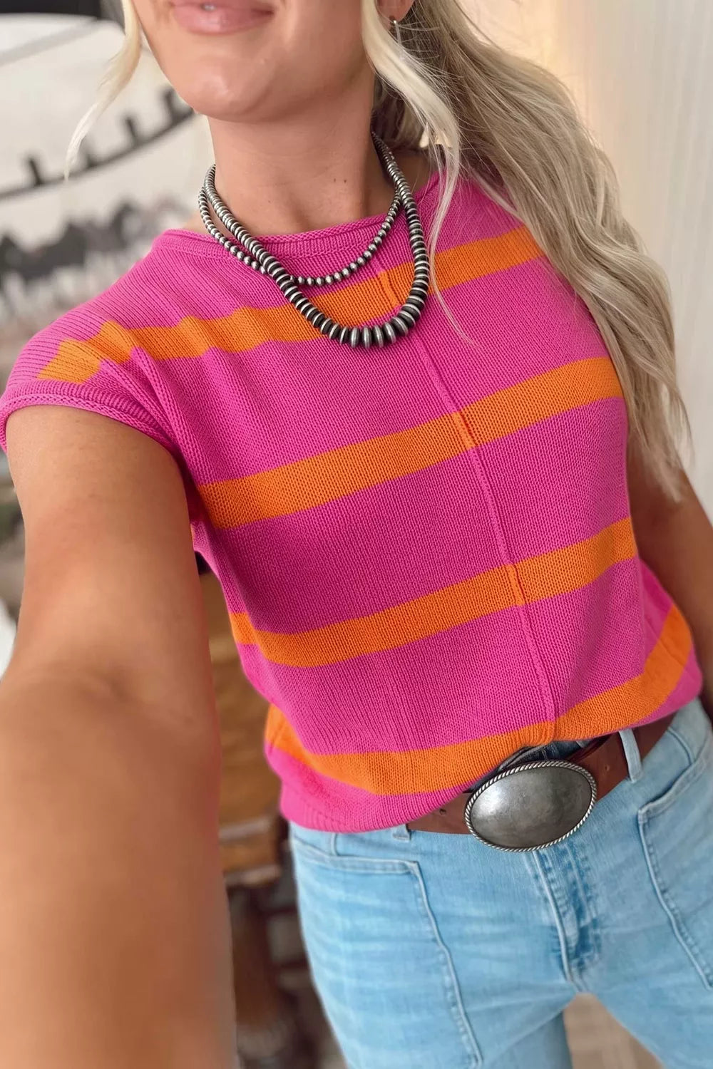 Stripe Knit Western Short Sleeve Sweater
