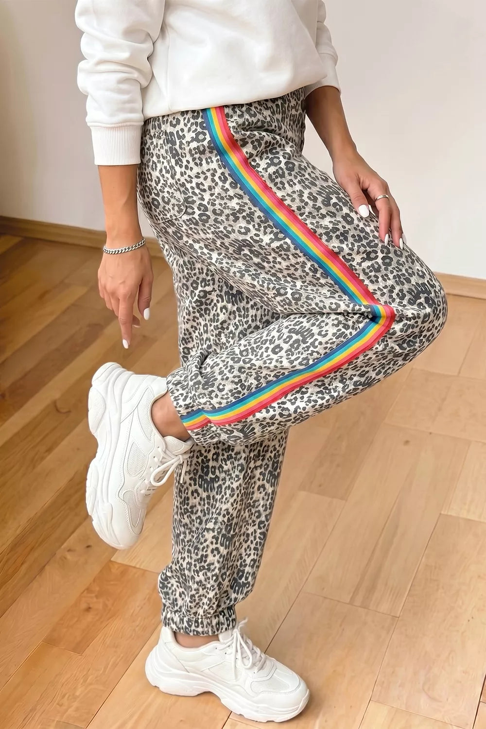 Leopard Print Rainbow Striped Detail Buttoned Loose Jogger Jeans