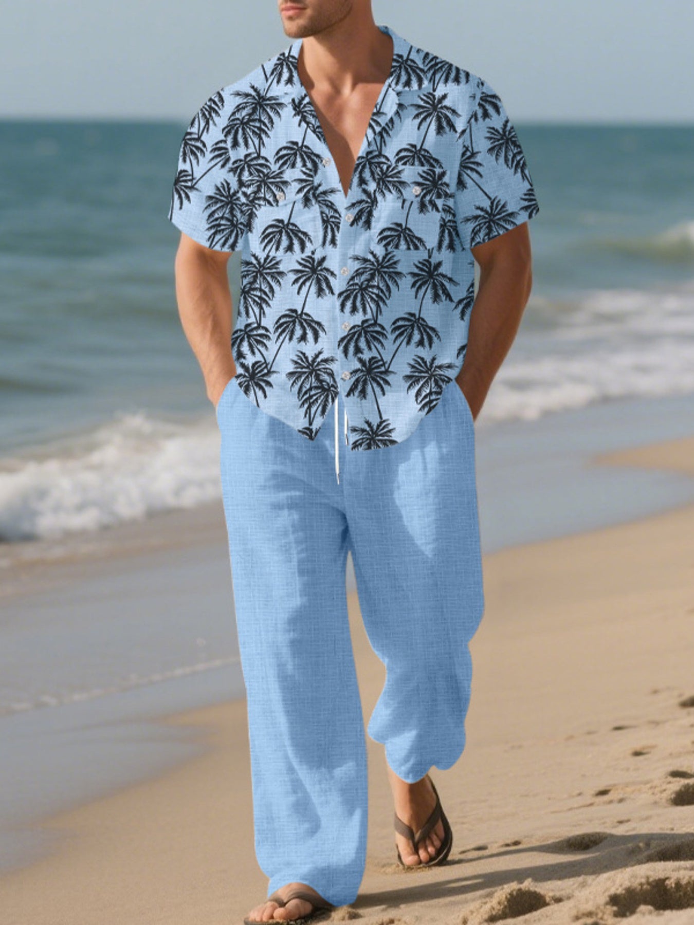 Men's Full Size Tropical Palm Print Button Up Shirt and Pants Set Plus Size