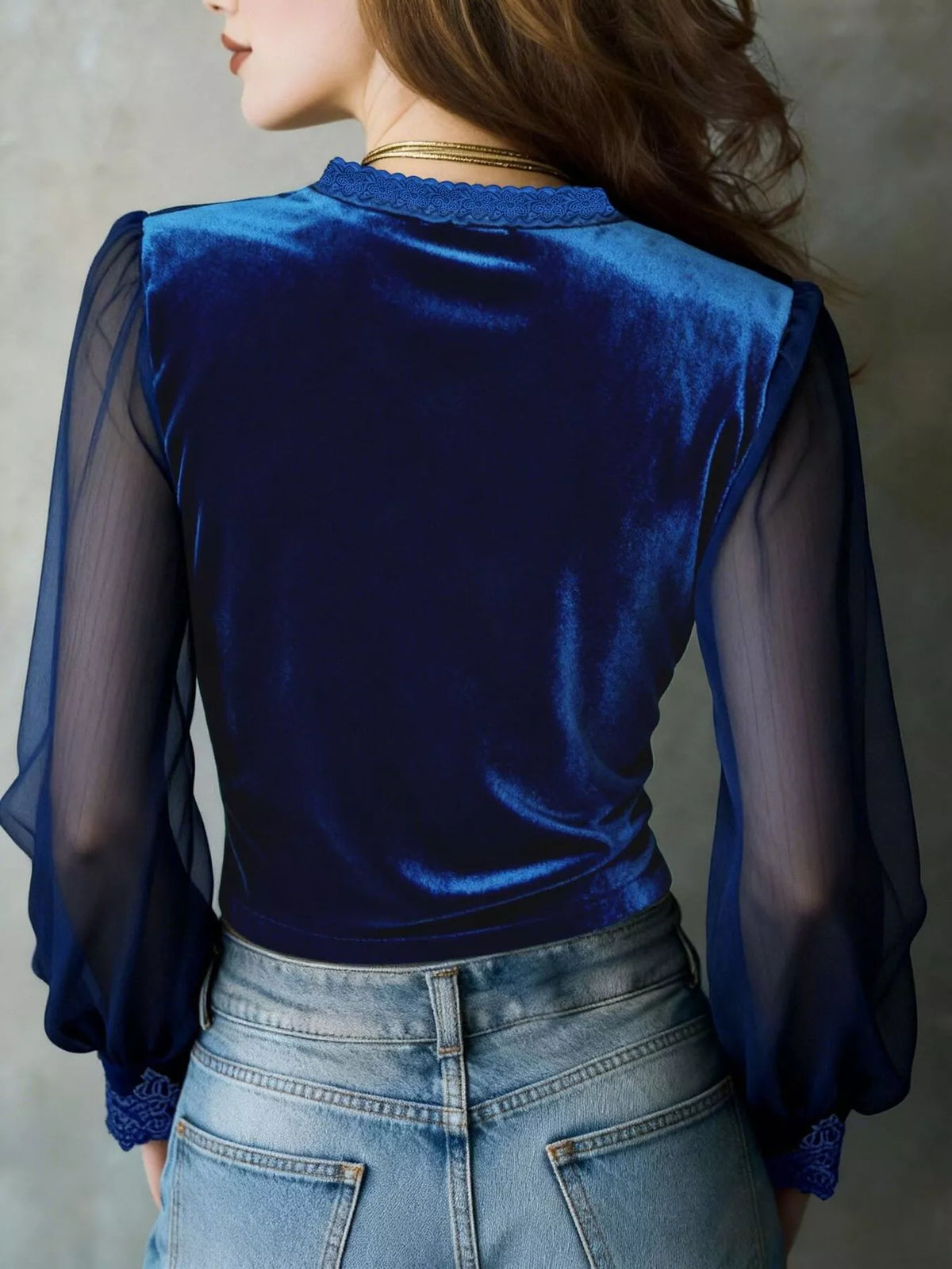 Lace Trim Sheer Long Sleeve Blouse