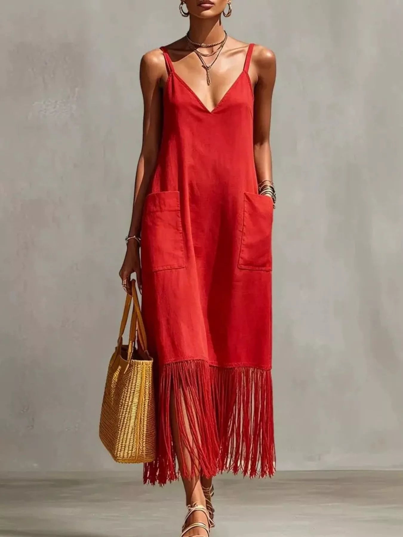 Full Size Fringe V-Neck Spaghetti Strap Dress Plus Size