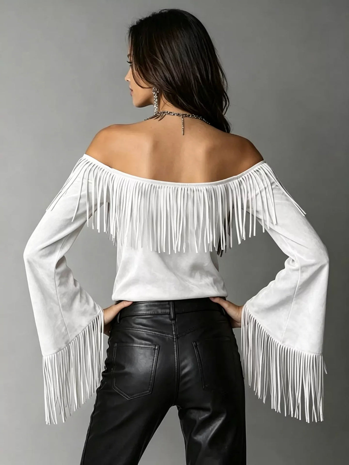 Full Size Fringed Off-Shoulder T-Shirt Plus Size