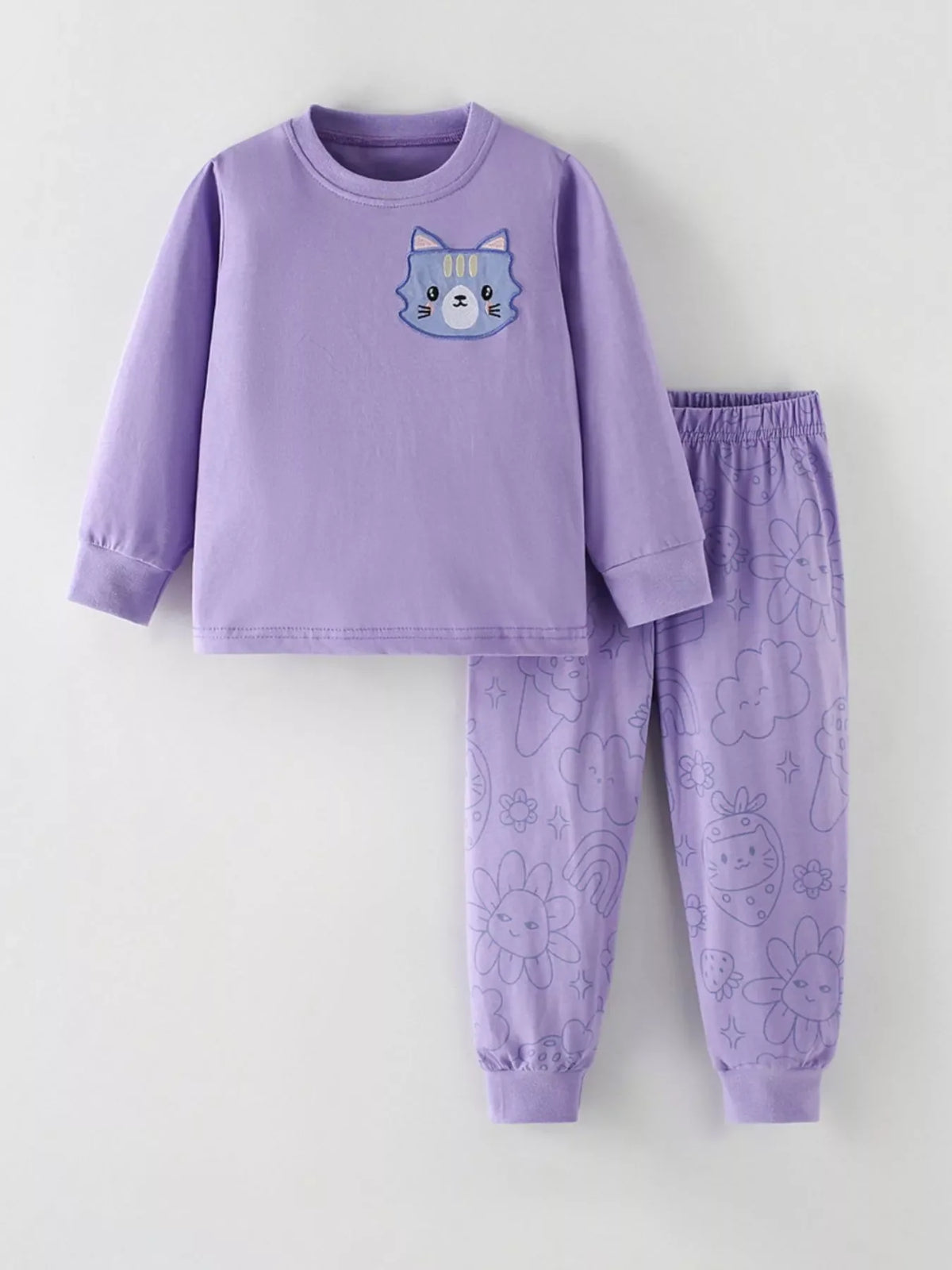 Children's Cat Round Neck Sweatshirt and Pants Set