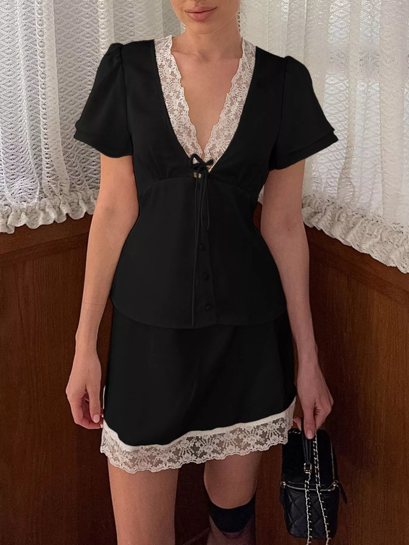 Lace Detail Short Sleeve Top and Skirt Set