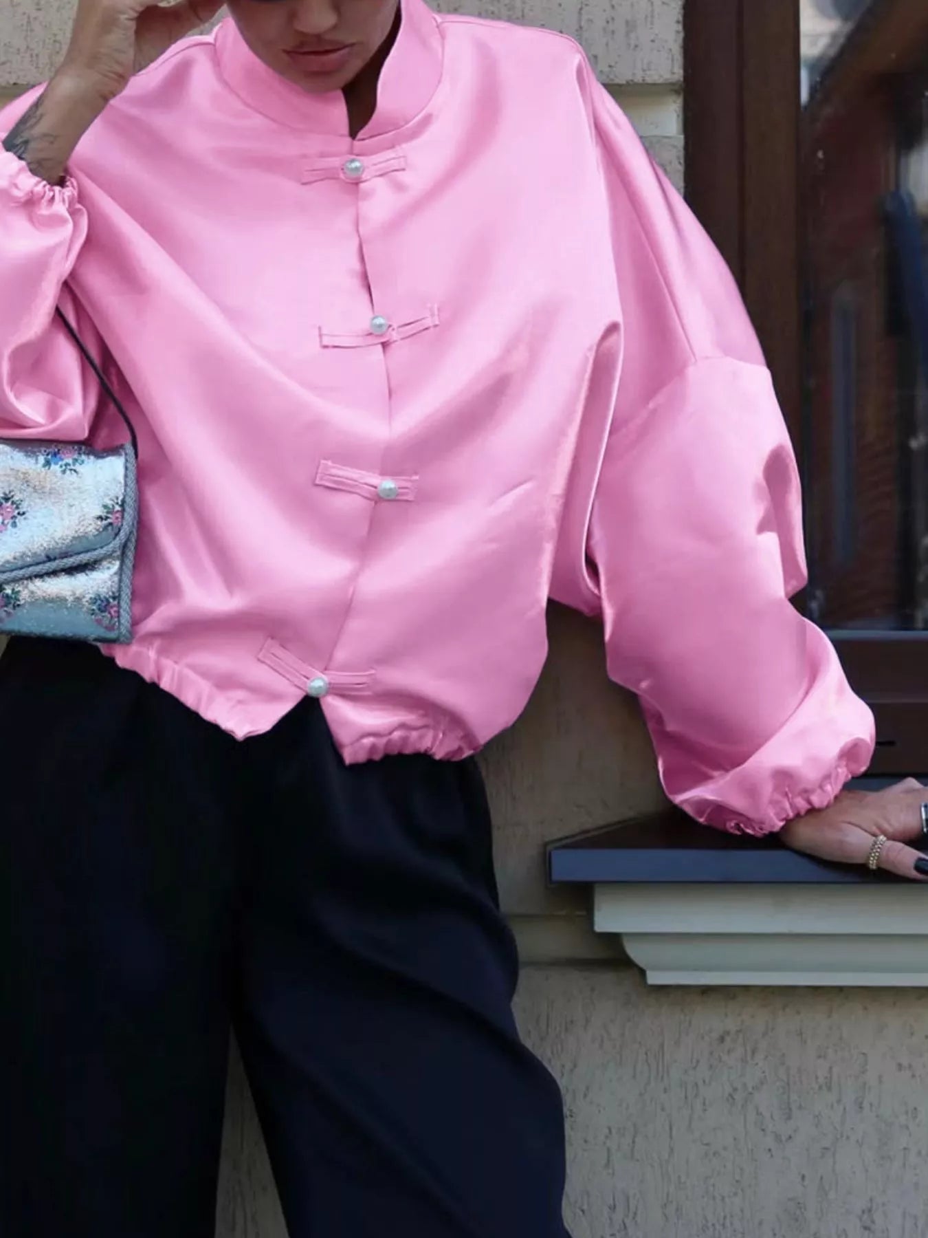 Mandarin Collar Pearl Button Shacket