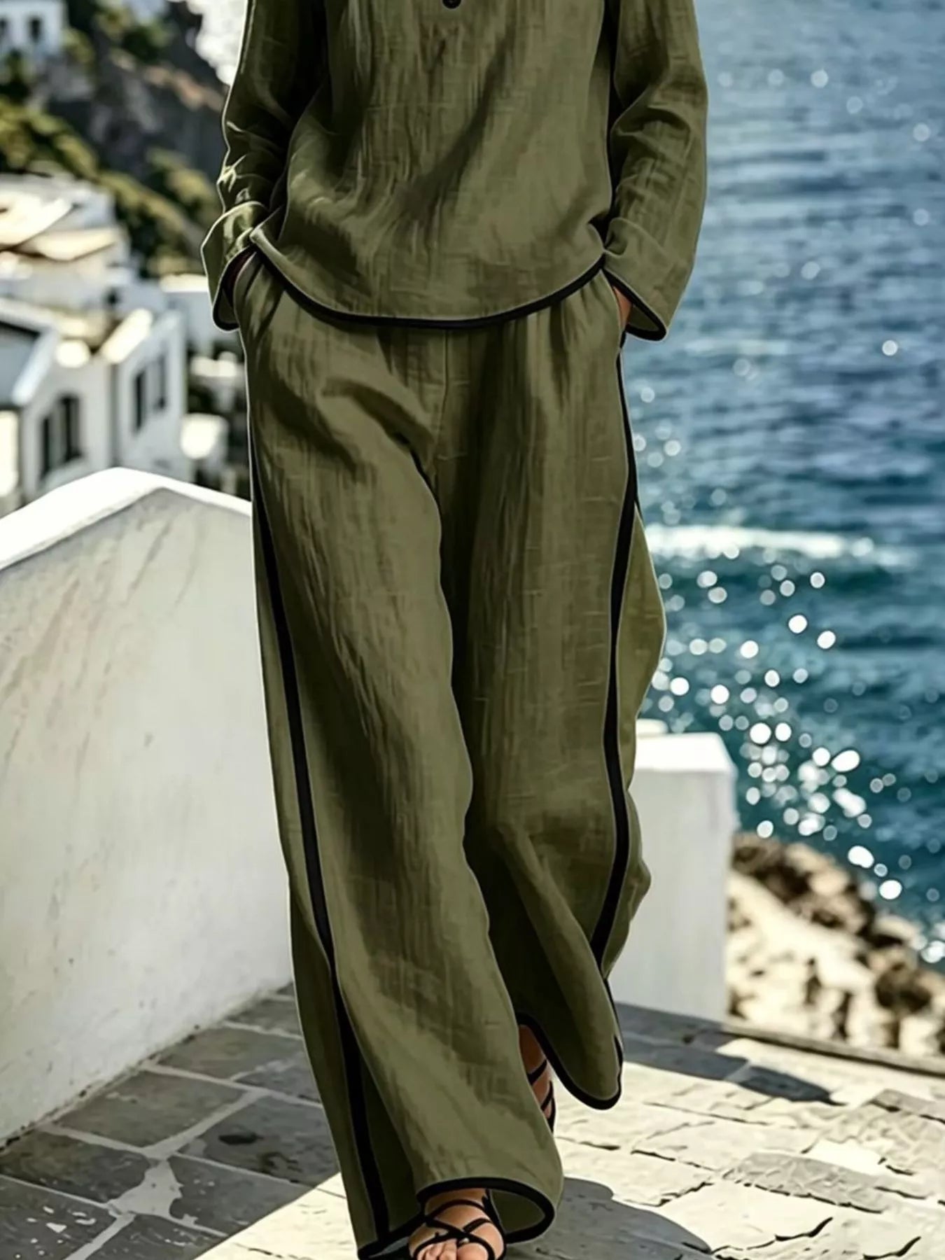 Contrast Trim Long Sleeve Top and Pants Set