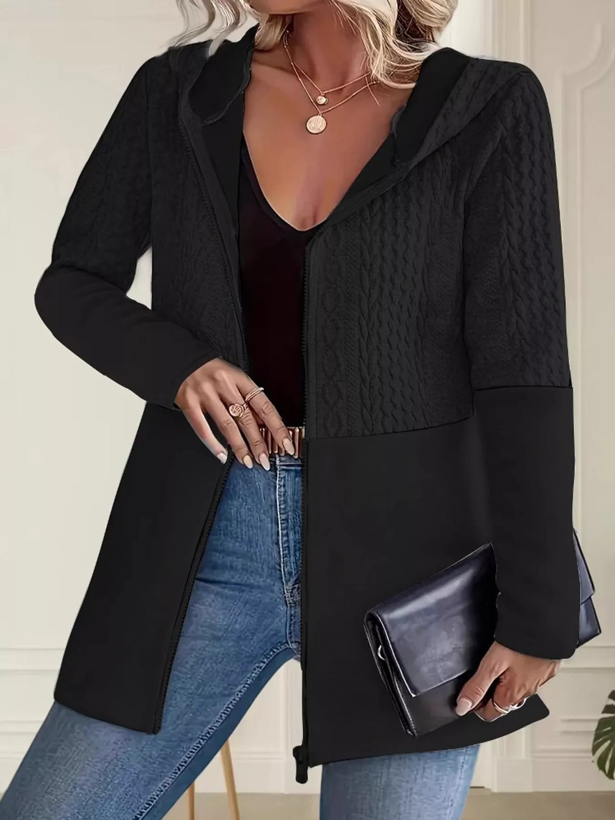 Full Size Textured Hooded Zip-Up Jacket Plus Size
