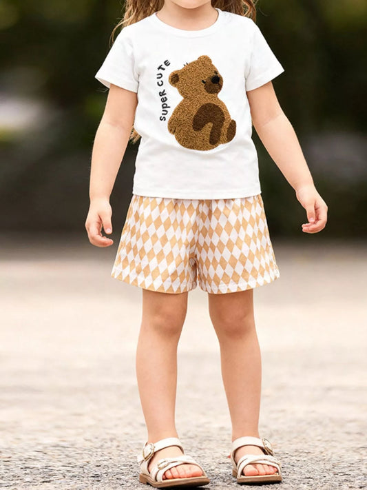 Children's Bear Graphic Tee & Diamond Pattern Shorts Set