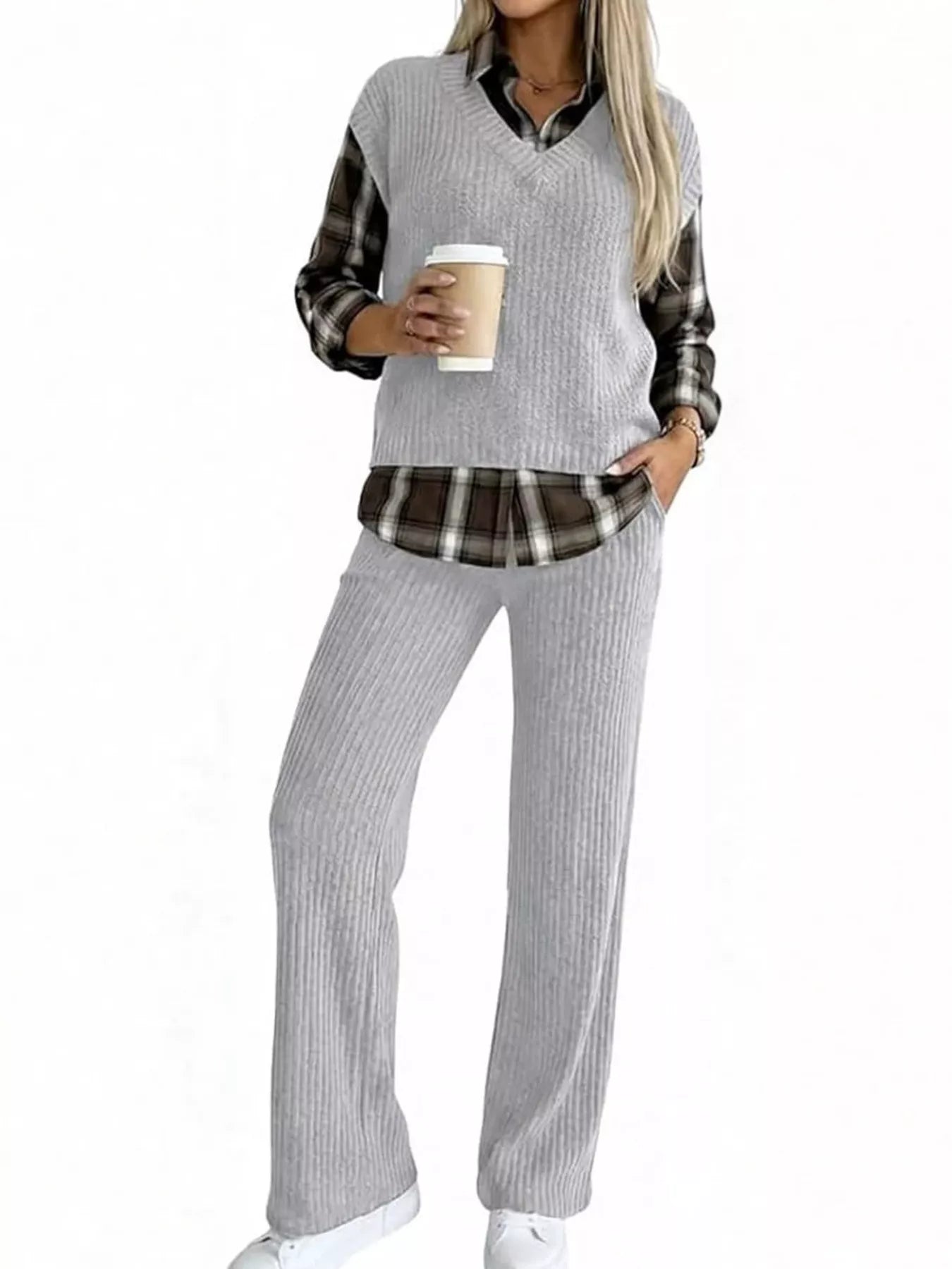 Ribbed Knit Plaid Sleeve Top & Pants Set