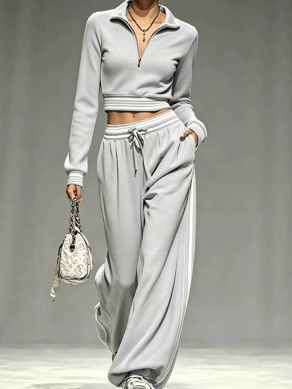Full Size Half Zip Cropped Top and Pants Set Plus Size