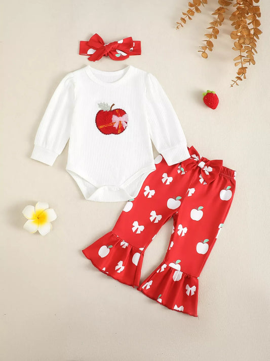 Children's Ribbed Apple Bodysuit & Flare Pants Set with Headband