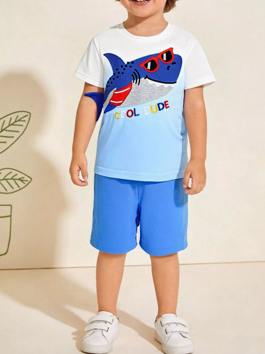 Children's Shark Embroidered Tee and Shorts Set