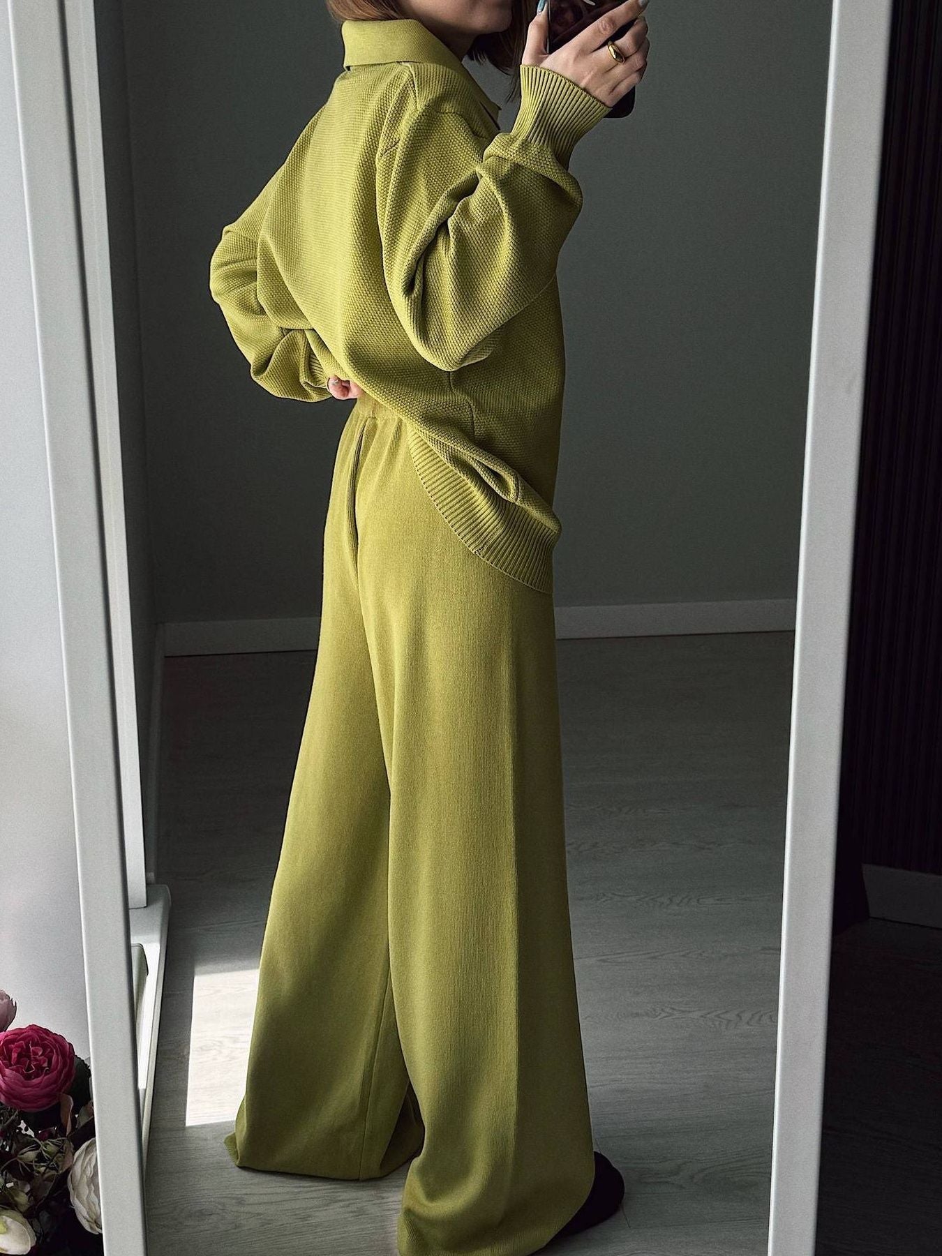 Polo Collar Top and Pants or Skirt Knit Set