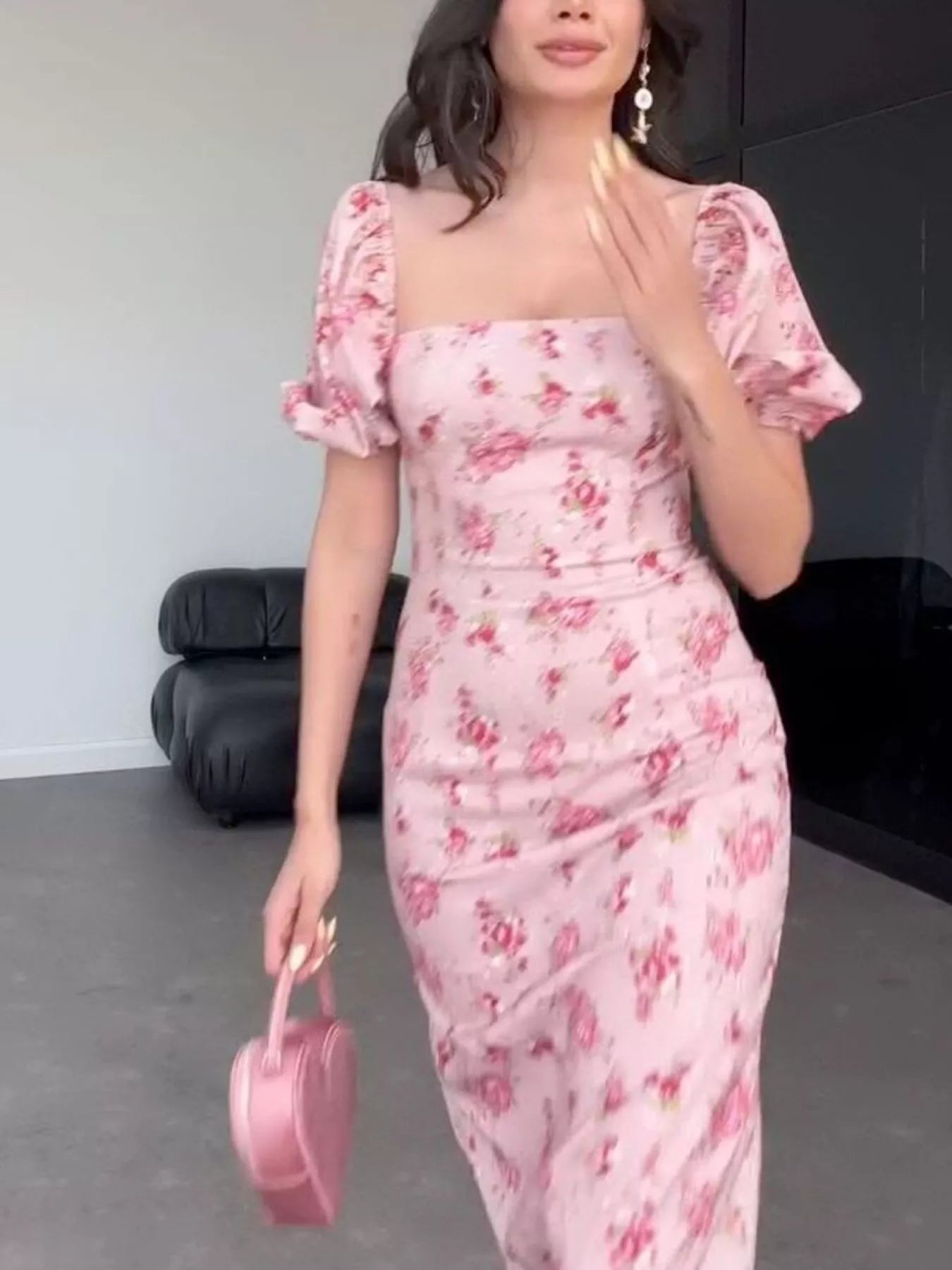 Floral Puff Sleeve Ruched Midi Dress