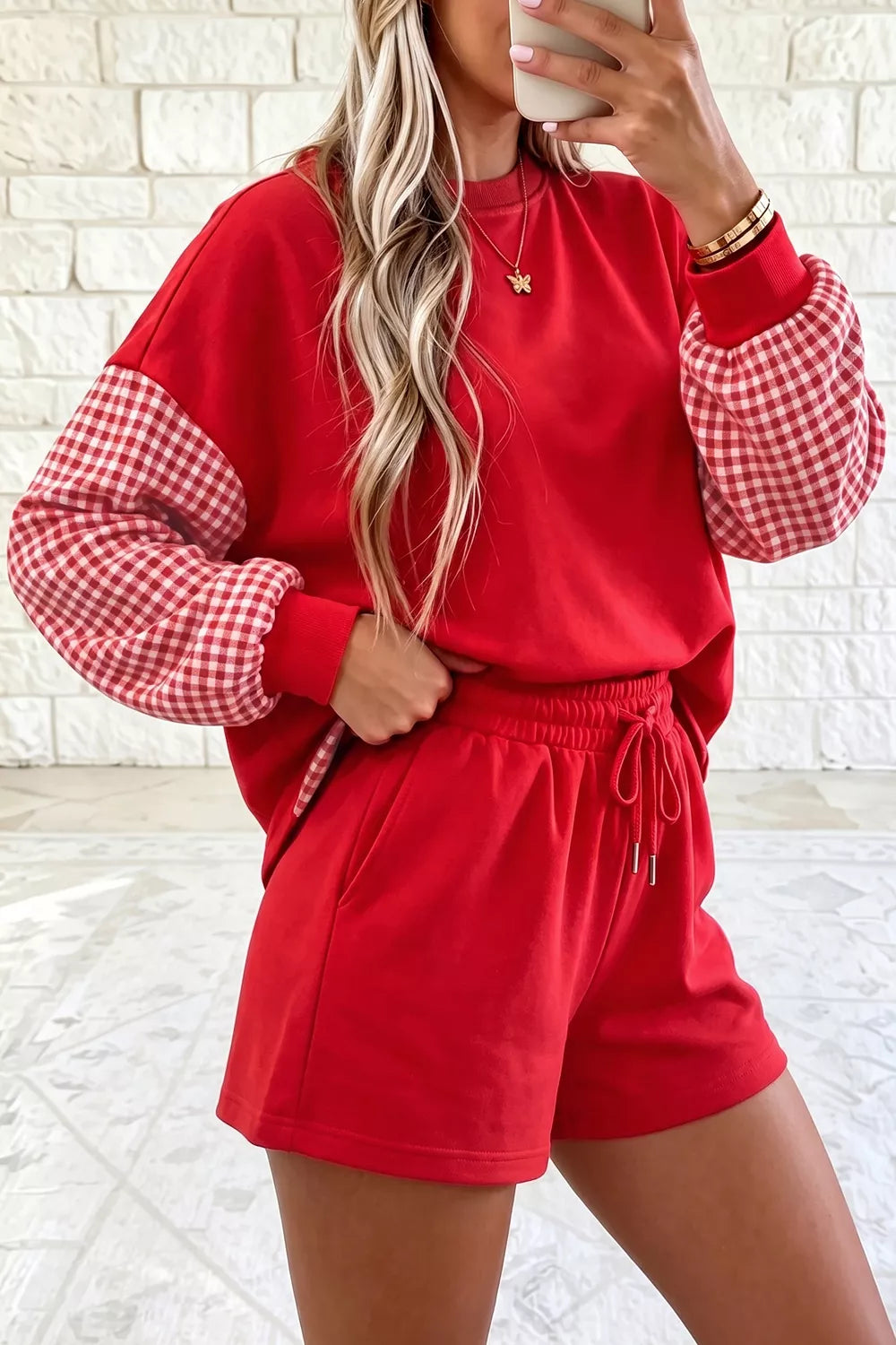 Gingham Patchwork Long Sleeve Sweatshirt and Shorts Set