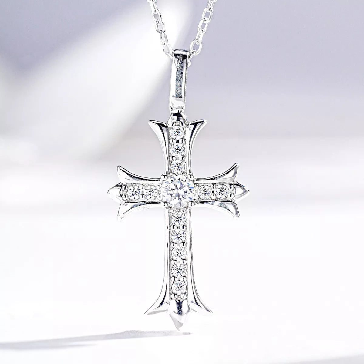 925 Sterling Silver Zircon Geometric Cross Necklace