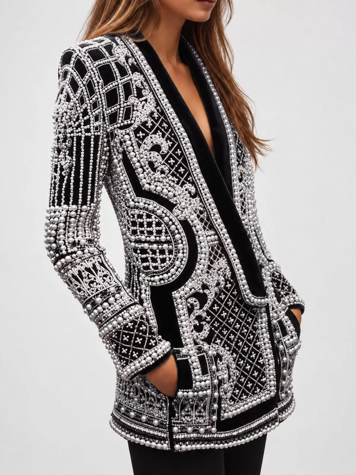 Full Size Embellished Pearl One-Button Blazer Plus Size