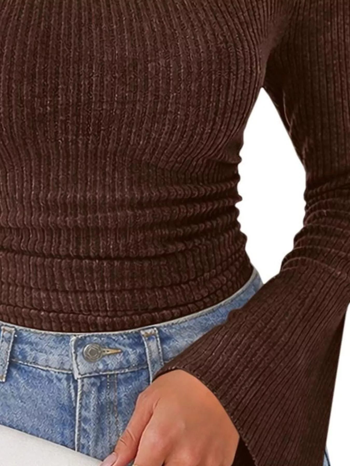 Ribbed Knit Cowl Neck Flared Sleeves Top