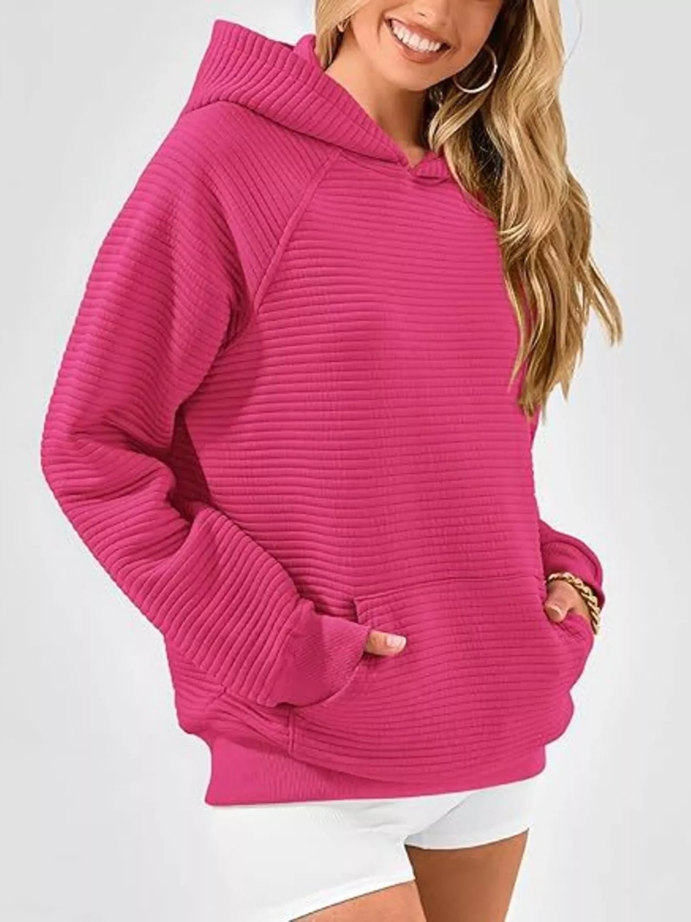 Texture Kangaroo Pocket Raglan Sleeve Hoodie
