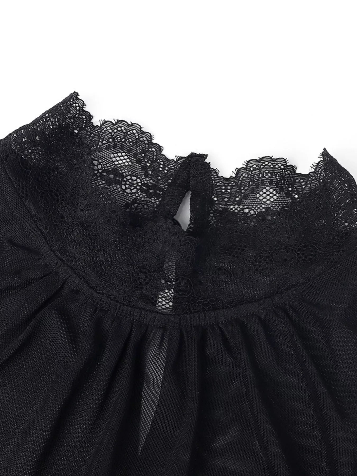 Lace Trim Velvet Sheer Sleeve Blouse