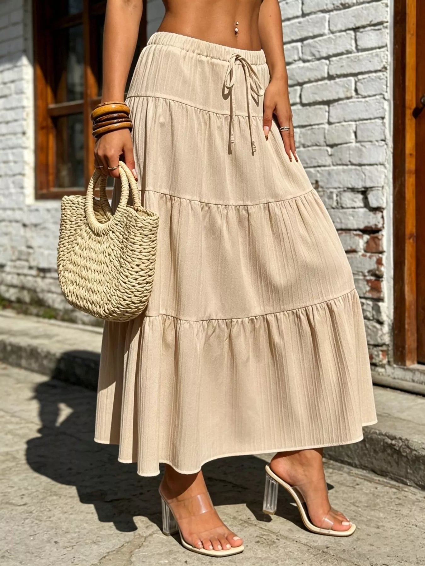 Tiered Maxi Skirt with Drawstring Waist
