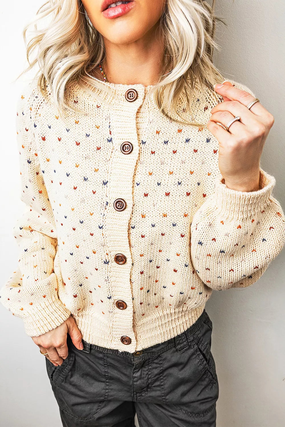 Geometric Print Button Front Long Sleeve Cardigan